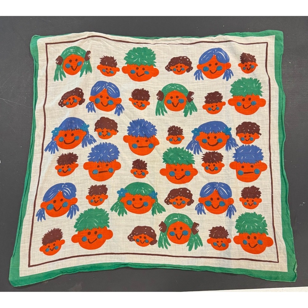 Vintage Square Scarf Green Blue Orange Novelty Kids Faces Print Bandana